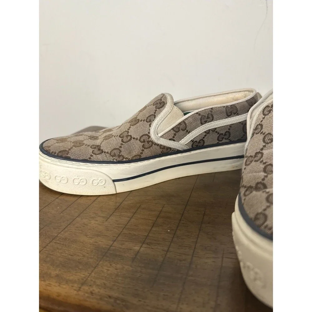 Gucci Tennis 1977 GG Supreme Canvas Slip On Sneakers Beige Brown EU 37